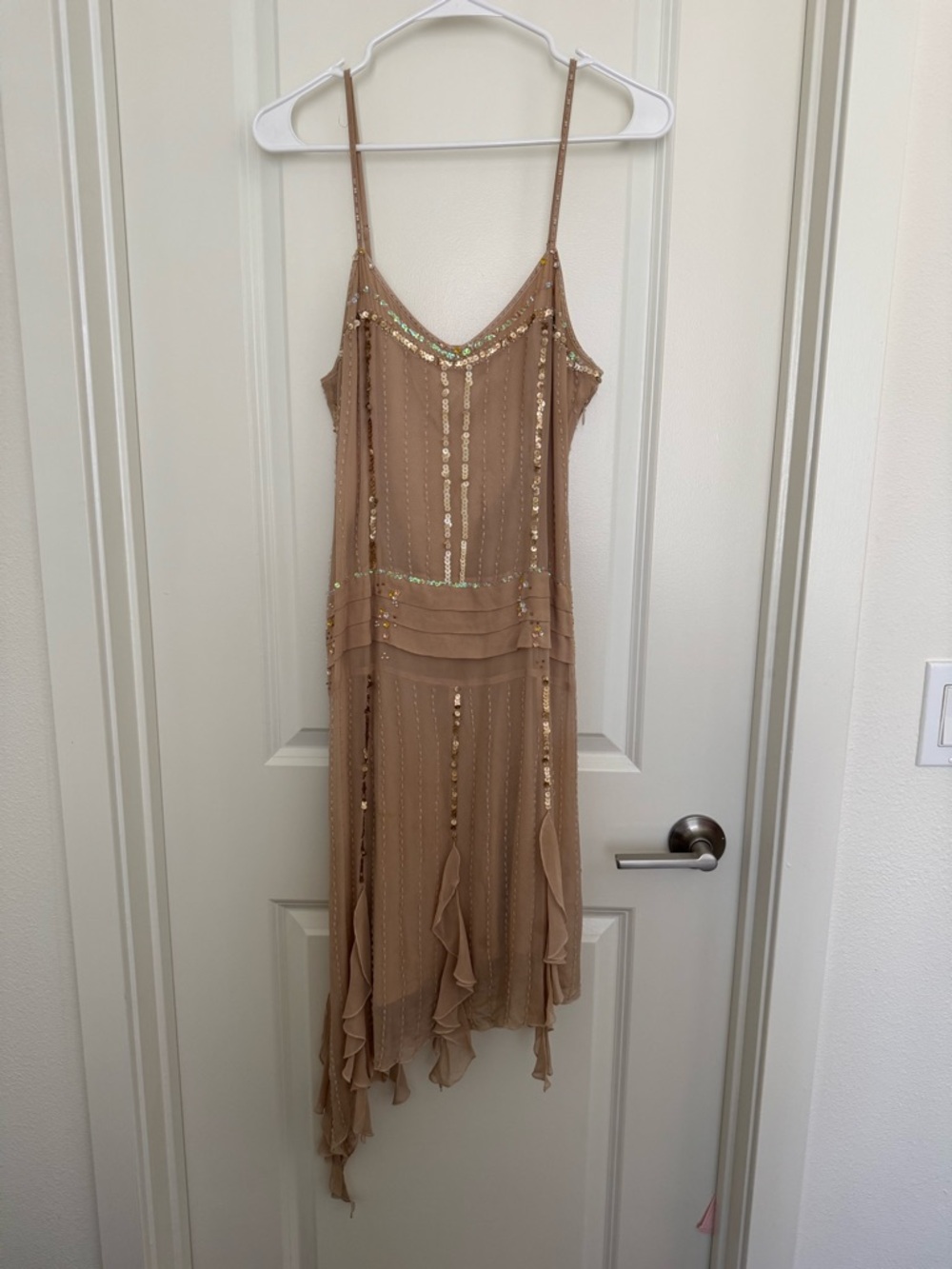 bebe Nude-Beige Sequin Drop Waist Asymmetrical Slip Dress